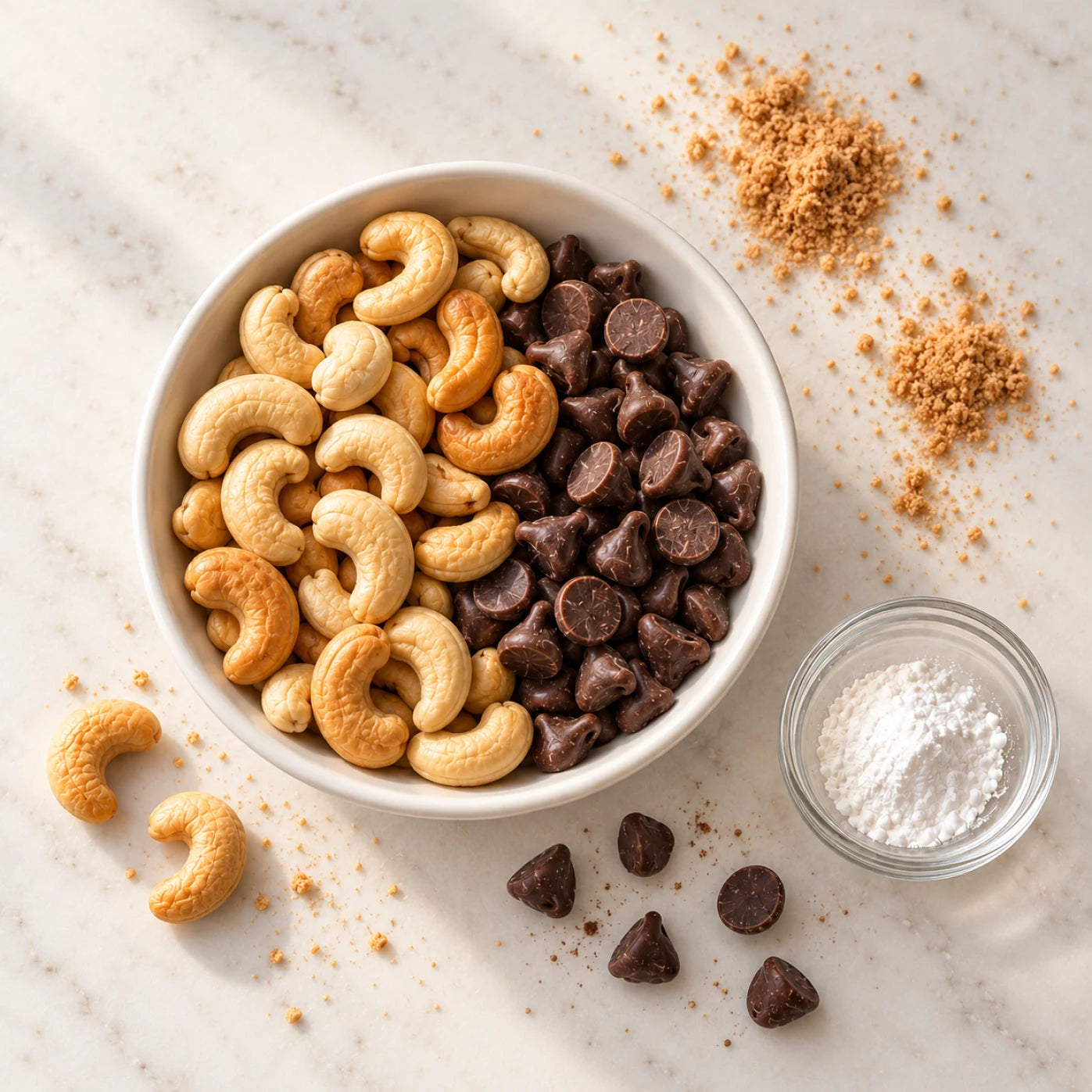 Cashews, chocolate chips and maple sugar